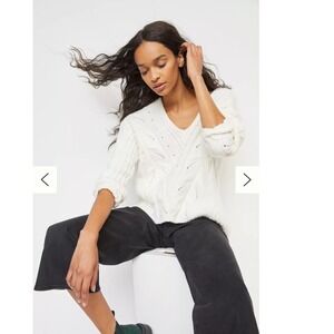 Anthropologie V-Neck Sweater Pullover Chunky Knit Jumper‎ Size XS